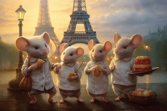 Mice Gathering In Paris, France. Adorable Characters From A Storybook, Reuniting With Family And Friends In A Whimsical Rodent Meeting. Generative AI