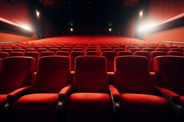 Movies and cinema, architecture concept. Abstract background of empty cinema theater red seats. Abstract background with copy space. Generative AI - obrazy, fototapety, plakaty