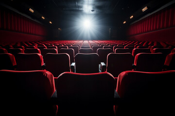 Movies and cinema, architecture concept. Abstract background of empty cinema theater red seats. Abstract background with copy space. Generative AI - obrazy, fototapety, plakaty