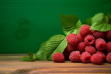 Raspberries on wooden table, green wall, leaf. Generative AI