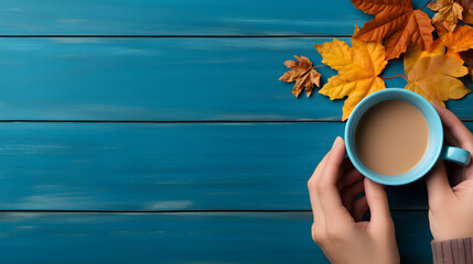 Top view of autumn fall hot drinks, Relax on thanksgiving and halloween holidays. Woman's hand...