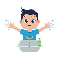 A boy kids washing his hands in the sink concept vector illustration. Washing hands under faucet with soap and water. Virus and bacteria prevention healthcare.