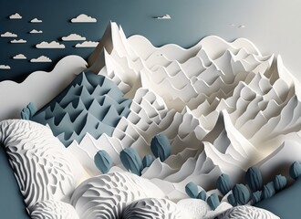 Fototapeta premium paper cut landscape forming mountain, mountain with sky, white mountain background in paper style, mountain origami, winter landscape with mountains made of paper cut 