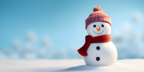 Obraz premium Christmas snowman miniature winter snow scene with copyspace on blue background