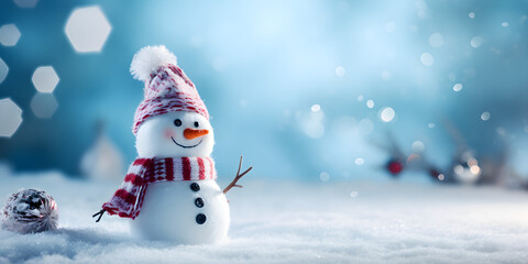 Naklejka na ściany i meble Christmas snowman miniature winter snow scene with copyspace on studio background