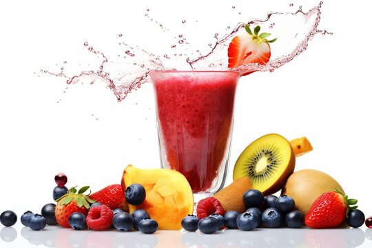 Smoothie overflowing with fresh fruits on a white background. Generative AI