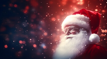 Santa Claus face closeup with defocused glitter bokeh copy space background, neural network generated image. Not based on any actual person, scene or pattern.