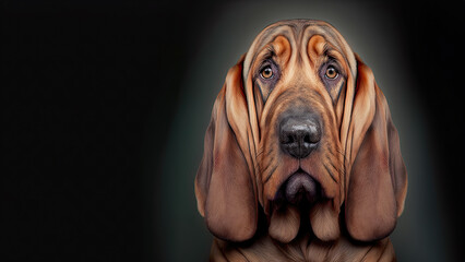 Portrait of a large bloodhound with skin folds and large ears. Room for copy.  - obrazy, fototapety, plakaty