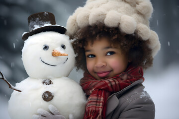 Winter portrait of young African American girl with snowman