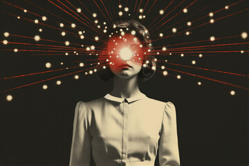 Fine art, pop art concept. Minimalist and surreal retro art collage with woman portrait. Grunge effect style. Geometric shapes and tiny ornate details in background. Generative AI