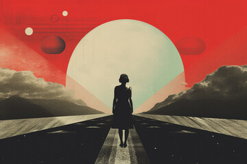 Fine art, pop art concept. Minimalist and surreal retro art collage with woman portrait. Grunge effect style. Geometric shapes and tiny ornate details in background. Generative AI