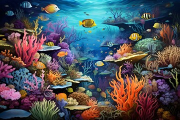 Fototapeta na wymiar Underwater Symphony A Majestic Painting of Colorful Fish and Vibrant Corals in the Ocean Created with GenerativeAI