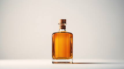 Bottle of amber color premium alcohol, on white background. Ideal for mock-up of whisky, brandy, cognac or rum design. - obrazy, fototapety, plakaty