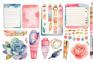 watercolor set of list sheet digital cute sticky notes memo, design element