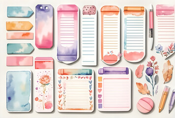 watercolor set of list sheet digital cute sticky notes memo, design element