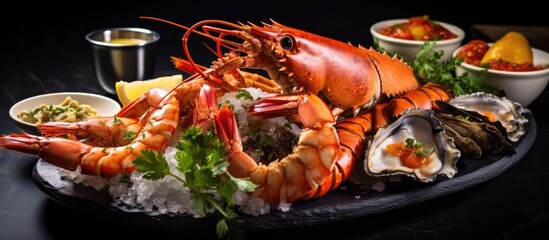 Seafood platter with lobster octopus mussels prawns and tuna tartare Served for lunch in a gourmet restaurant With copyspace for text