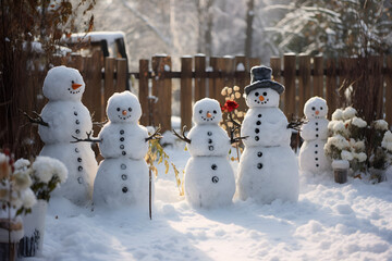 snowmen in the winter garden - obrazy, fototapety, plakaty