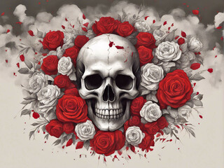 A human skull decorated by red and white rose flowers.