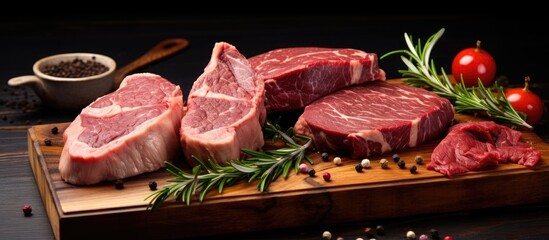 Assorted Black Angus steaks on a wooden board With copyspace for text