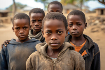Portrait of african boys looking at camera. Poverty in Africa concept