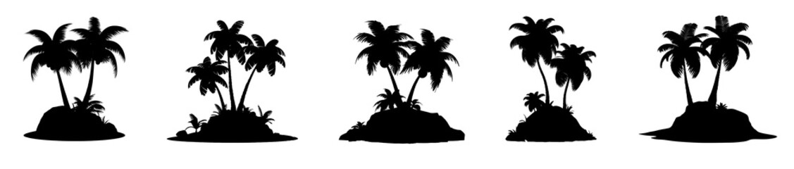 Set of silhouette tropical island with palm trees, isolated on white and transparent background, ai generate