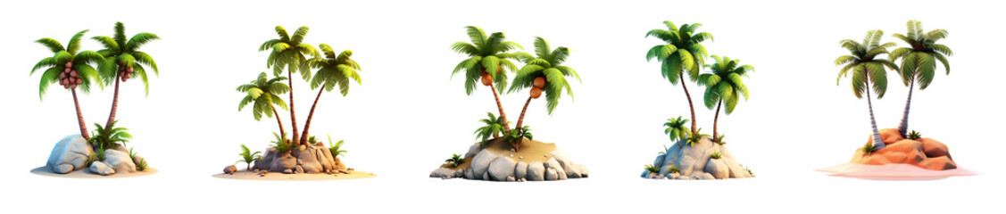 Set of tropical island with palm trees, isolated on white and transparent background, ai generate © Black Pig