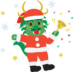 クリスマスの抽選会でハンドベルを持ったかわいい龍のスタッフ