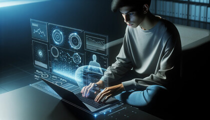 Focused Young Technologist Interacting with Futuristic Digital Interface, Analyzing Complex Data Patterns & Visualizing Holographic Projections in a High-Tech Workspace