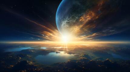 Fototapeta na wymiar Panoramic view of the Earth, sun, star, and galaxy.