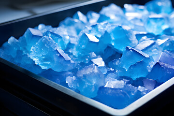 tray of blue salt crystals in science laboratory