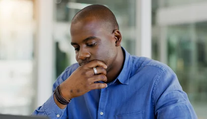 Foto op Canvas Businessman, stress and thinking in office, burnout and anxiety for problem, issue and profession. Black person, frustrated and worry for deadline, mistake and pressure or overwhelmed or overworked © Anela R/peopleimages.com