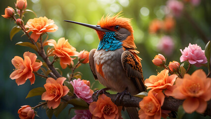Vibrant garden scene with a mesmerizing hummingbird.