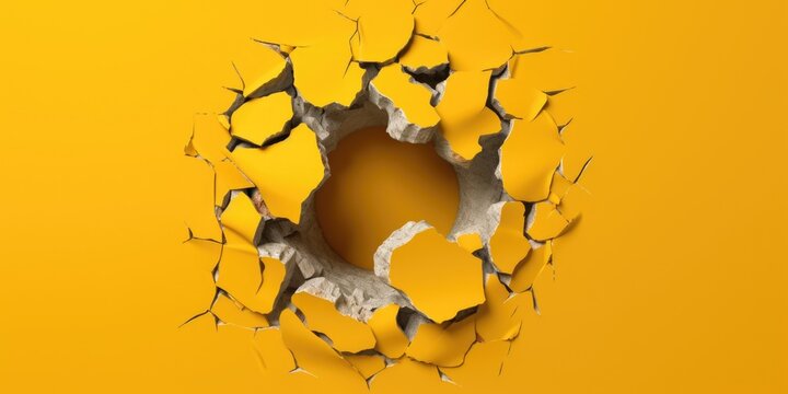 Breaking out of a hole in solid Yellow wall, torn hole, empty copy space frame, mockup. Generative AI image weber.