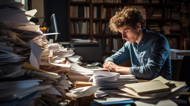 Shocked businessman sitting at the table with many papers in office, he is overloaded with work - image