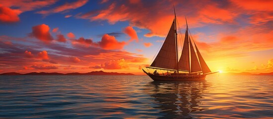 Heading west towards Boracay s setting sun on a sailboat With copyspace for text