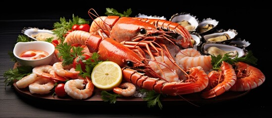 Assorted seafood dish With copyspace for text