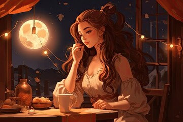 Lofi Girl Drinking Tea or Coffee Under the Full Moon at Night. Chill Calm Serene and Relax Atmosphere Illustration. Generative AI.