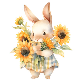 Cute Bunny with Sunflowers Watercolor Clipart, Pastel Sunflower Art
