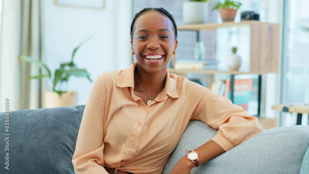 Poster Smile, black woman and portrait on the sofa in house as homeowner, real estate investor or mortgage loan buyer. Young, happy or an African person on living room couch or apartment property furniture