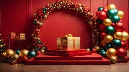 Fototapeta na wymiar display podium scene, Christmas balloons, gift box, golden balls on the red wall background. 