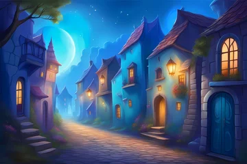 Fotobehang Fantasy art of an old village with blue colorful houses. © saurav005