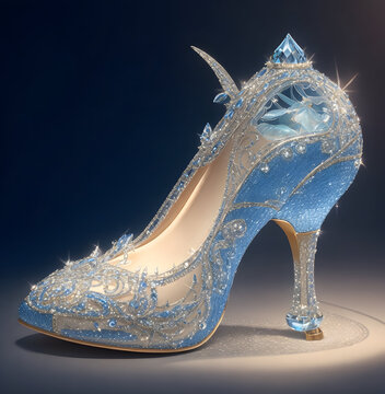 Reimagine Cinderella's glass slipper in an AI-generated fantasy artwork, with intricate details, sparkling embellishments, and ethereal lighting.