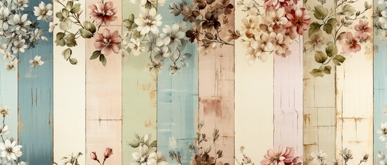 Antique Victorian wallpaper from 1890s, aged with muted colors, moss green, dusty pink, beige, light blue, brown. Vertical wooden boards on white background