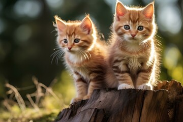 Two cute kittens sitting on a tree stump in the woods on a sunny, warm afternoon. generative AI
