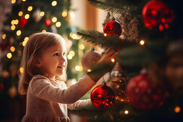young girl decorating Christmas tree