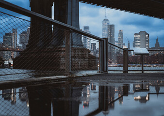 city bridge skyline rain day New York manhattan blue 