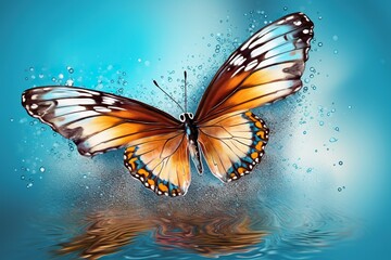 Bright flying butterfly on a blue background. Splashes of water and paint