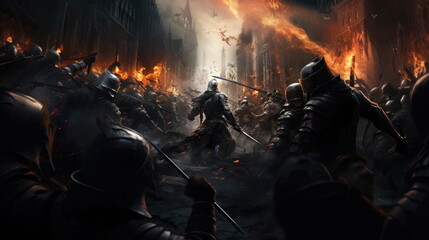 Fierce fighting group of male knights, battle for castle. Storming city, smoke and fire, battlefield. Portrait of knights with swords and spears - obrazy, fototapety, plakaty