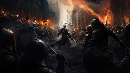 Foto op Canvas Fierce fighting group of male knights, battle for castle. Storming city, smoke and fire, battlefield. Portrait of knights with swords and spears © Mars0hod