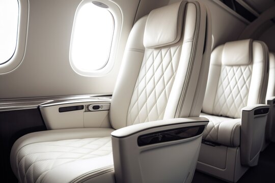 First class business seat on the plane. Comfortable air travel. Private jet. Beautiful VIP Leather Business Class Chair